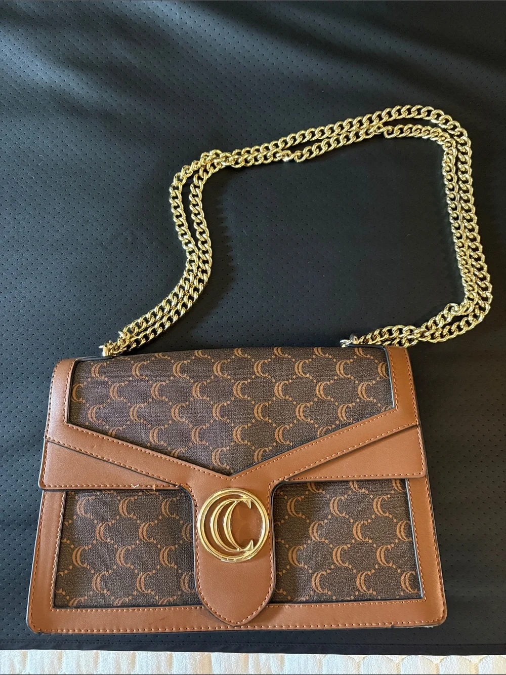 Amazon Brown Signature Chain-Strap Shoulder Bag with Gold Hardware